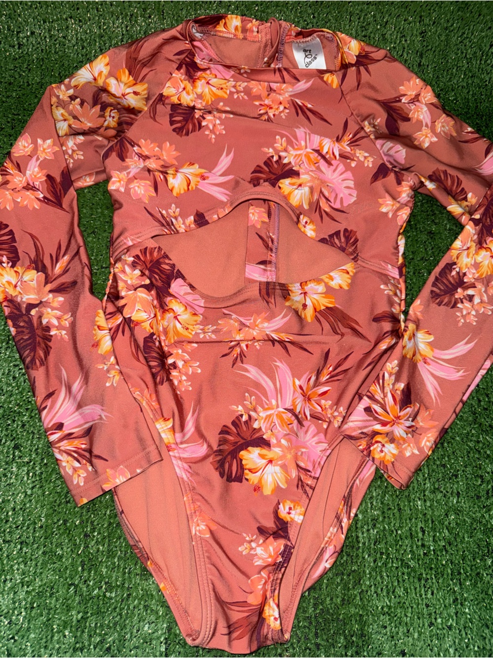 Art Class Girls’ Island Floral One-Piece Rash Guard Swimsuit, size L(10/12)